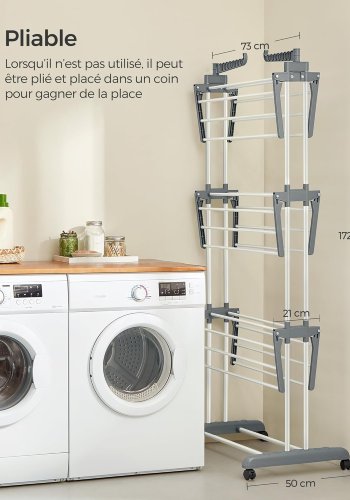 SONGMICS LLR701W01 B�rbart t�rkestativ med hjul, 4 niv�er, sammenleggbart, 63,5 x 128 x 173 cm, stor kapasitet, enkel montering, innend�rs og utend�rs bruk, hvit