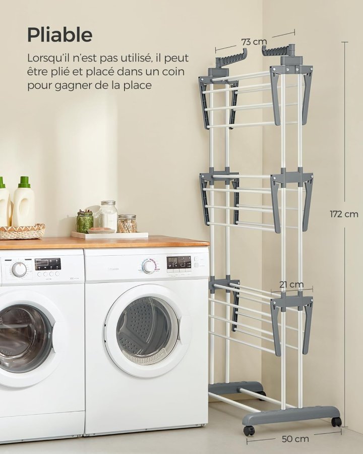 SONGMICS LLR701W01 B�rbart t�rkestativ med hjul, 4 niv�er, sammenleggbart, 63,5 x 128 x 173 cm, stor kapasitet, enkel montering, innend�rs og utend�rs bruk, hvit