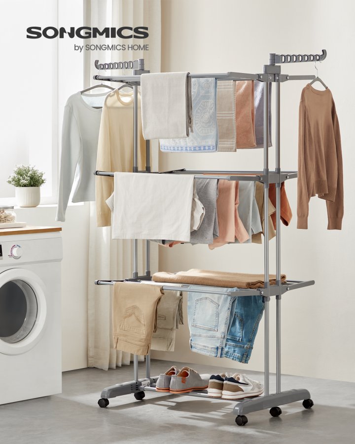 SONGMICS Stort t�rkestativ, Sammenleggbart t�rkestativ for klesvask, 4-etasjers, Flyttbart t�rkestativ, 63,5 x 125,5 x 173 cm, Rustfritt st�l, Sammenleggbare vinger, Innend�rs utend�rs bruk, Duegr� LLR703G01