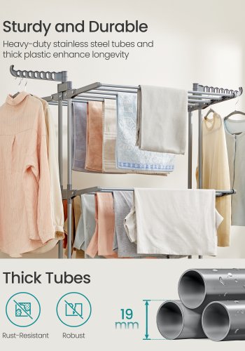 SONGMICS Stort t�rkestativ, Sammenleggbart t�rkestativ for klesvask, 4-etasjers, Flyttbart t�rkestativ, 63,5 x 125,5 x 173 cm, Rustfritt st�l, Sammenleggbare vinger, Innend�rs utend�rs bruk, Duegr� LLR703G01