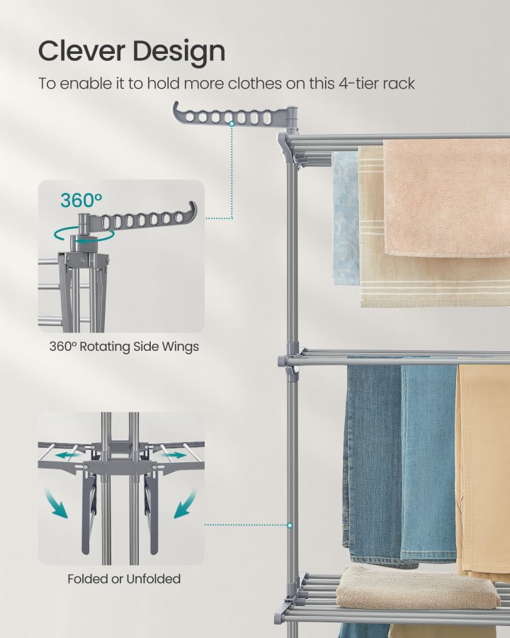 SONGMICS Stort t�rkestativ, Sammenleggbart t�rkestativ for klesvask, 4-etasjers, Flyttbart t�rkestativ, 63,5 x 125,5 x 173 cm, Rustfritt st�l, Sammenleggbare vinger, Innend�rs utend�rs bruk, Duegr� LLR703G01