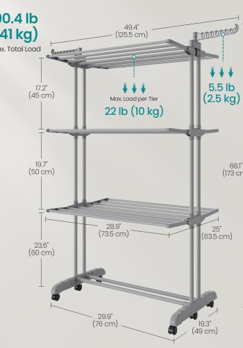 SONGMICS Stort t�rkestativ, Sammenleggbart t�rkestativ for klesvask, 4-etasjers, Flyttbart t�rkestativ, 63,5 x 125,5 x 173 cm, Rustfritt st�l, Sammenleggbare vinger, Innend�rs utend�rs bruk, Duegr� LLR703G01