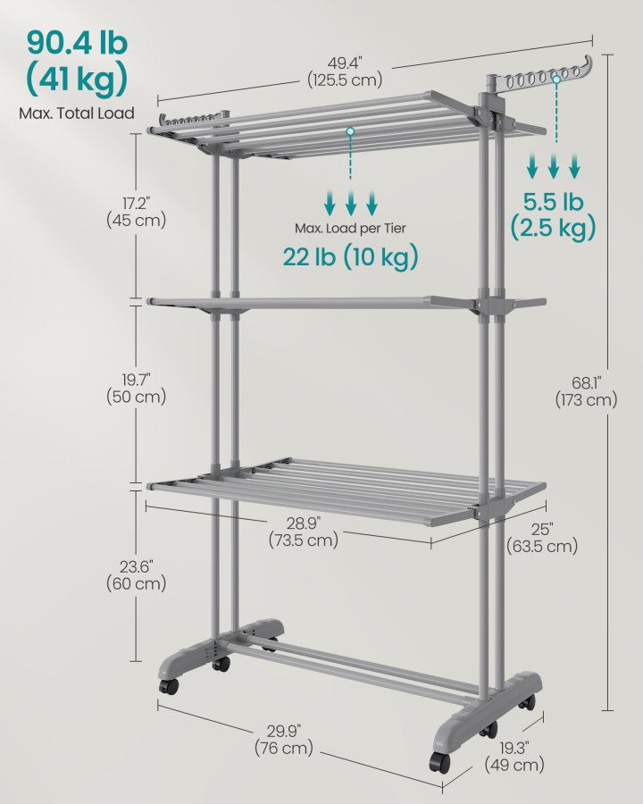 SONGMICS Stort t�rkestativ, Sammenleggbart t�rkestativ for klesvask, 4-etasjers, Flyttbart t�rkestativ, 63,5 x 125,5 x 173 cm, Rustfritt st�l, Sammenleggbare vinger, Innend�rs utend�rs bruk, Duegr� LLR703G01