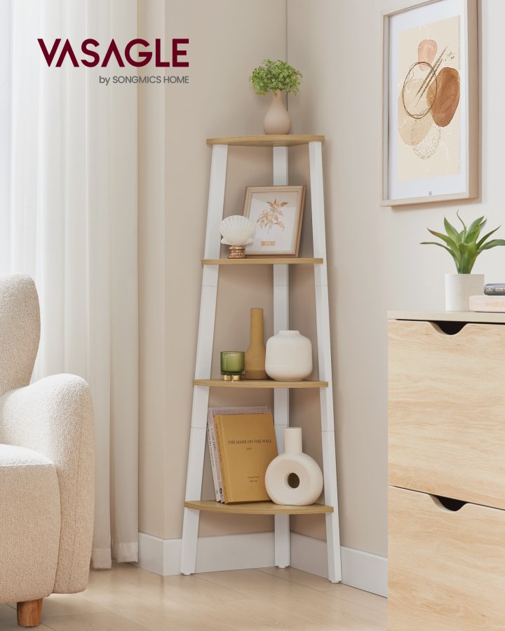 VASAGLE hj�rnereol, 4-lags hj�rnereol, stigehylde til stue, bogreol eller plantestativ, industrielle accentm�bler, naturlig eg og mat hvid LLS034Y70