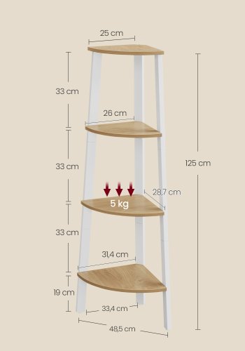 VASAGLE hj�rnereol, 4-lags hj�rnereol, stigehylde til stue, bogreol eller plantestativ, industrielle accentm�bler, naturlig eg og mat hvid LLS034Y70