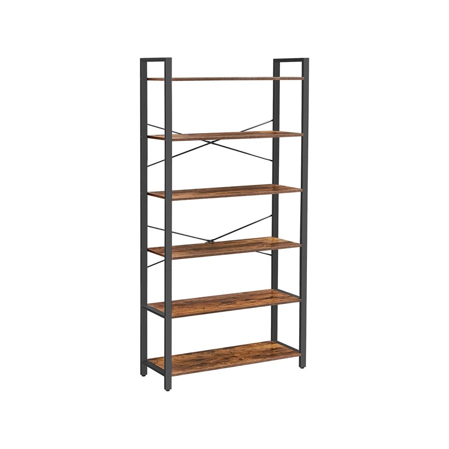 VASAGLE Bokhylla, 6-v�nings bokhylla med st�lram, h&ouml;ga rustika hyllor f&ouml;r vardagsrum, kontor, arbetsrum, entr&eacute;, industriell stil, 80 x 30 x 186 cm, rustik brun och svart LLS082B01