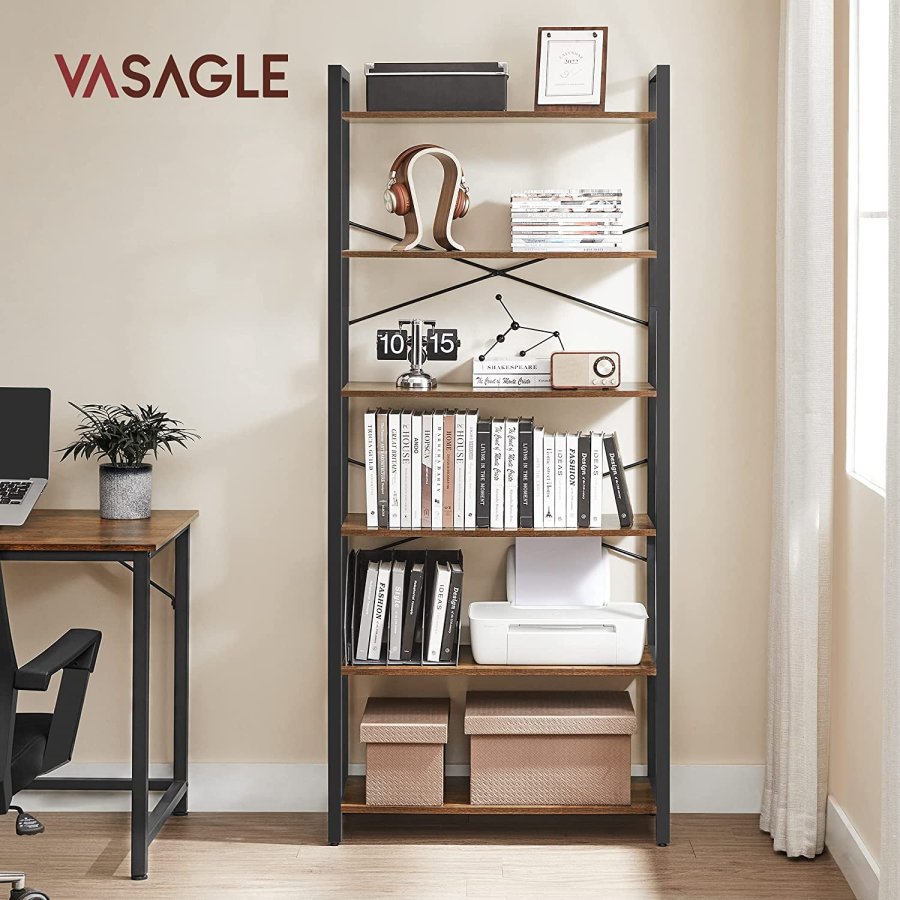 VASAGLE Bokhylla, 6-v�nings bokhylla med st�lram, h&ouml;ga rustika hyllor f&ouml;r vardagsrum, kontor, arbetsrum, entr&eacute;, industriell stil, 80 x 30 x 186 cm, rustik brun och svart LLS082B01