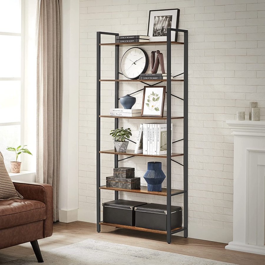 VASAGLE Bokhylla, 6-v�nings bokhylla med st�lram, h&ouml;ga rustika hyllor f&ouml;r vardagsrum, kontor, arbetsrum, entr&eacute;, industriell stil, 80 x 30 x 186 cm, rustik brun och svart LLS082B01