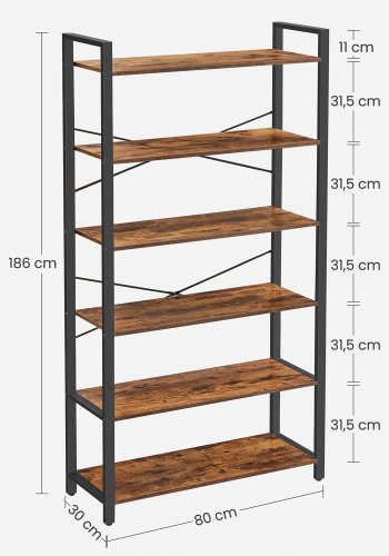 VASAGLE Bokhylla, 6-v�nings bokhylla med st�lram, h&ouml;ga rustika hyllor f&ouml;r vardagsrum, kontor, arbetsrum, entr&eacute;, industriell stil, 80 x 30 x 186 cm, rustik brun och svart LLS082B01