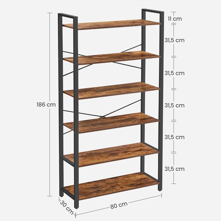 VASAGLE Bokhylla, 6-v�nings bokhylla med st�lram, h&ouml;ga rustika hyllor f&ouml;r vardagsrum, kontor, arbetsrum, entr&eacute;, industriell stil, 80 x 30 x 186 cm, rustik brun och svart LLS082B01
