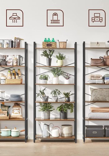 VASAGLE Bokhylla, 6-v�nings bokhylla med st�lram, h&ouml;ga rustika hyllor f&ouml;r vardagsrum, kontor, arbetsrum, entr&eacute;, industriell stil, 80 x 30 x 186 cm, rustik brun och svart LLS082B01