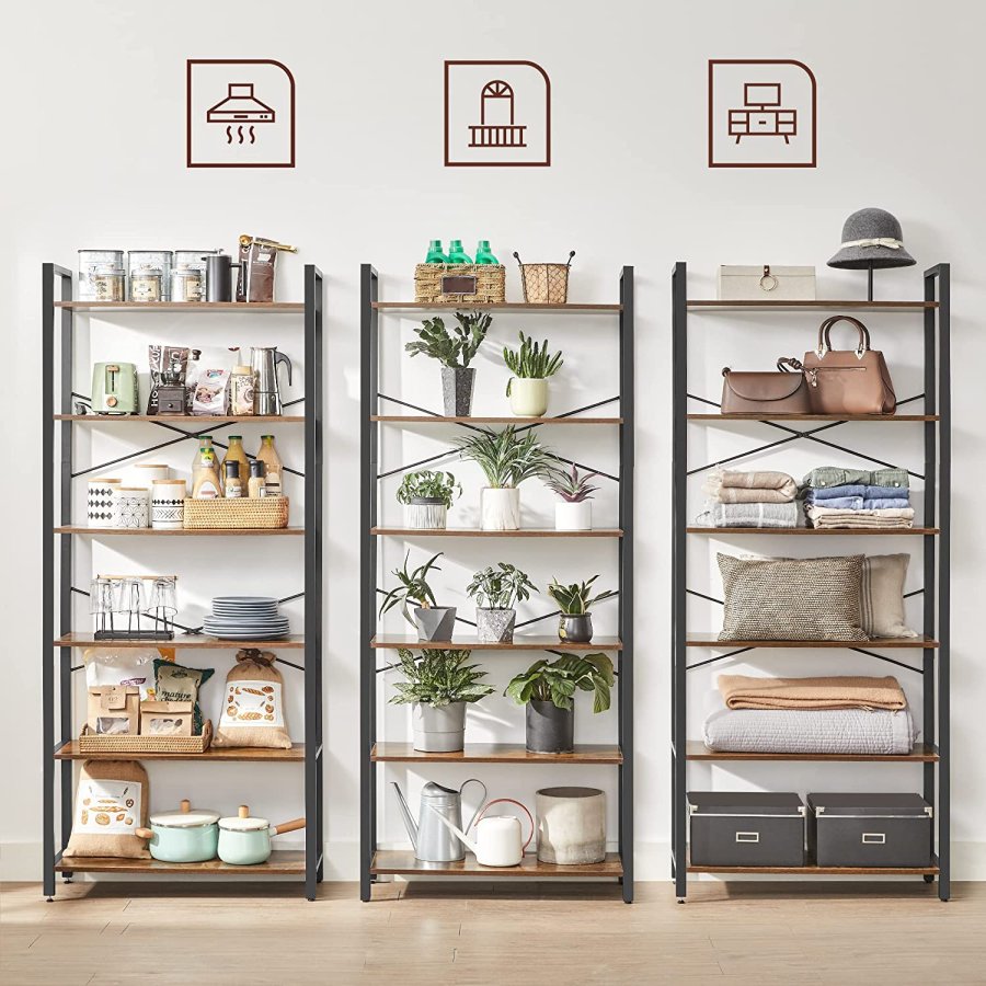 VASAGLE Bokhylla, 6-v�nings bokhylla med st�lram, h&ouml;ga rustika hyllor f&ouml;r vardagsrum, kontor, arbetsrum, entr&eacute;, industriell stil, 80 x 30 x 186 cm, rustik brun och svart LLS082B01