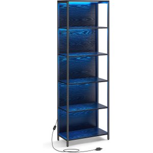 VASAGLE 6-etagers bogreol med justerbar LED-belysning, hylde med st�lramme, 30,3 x 60 x 178,6 cm, til stue, sovev�relse, arbejdsv�relse ibenholt sort LLS120B57