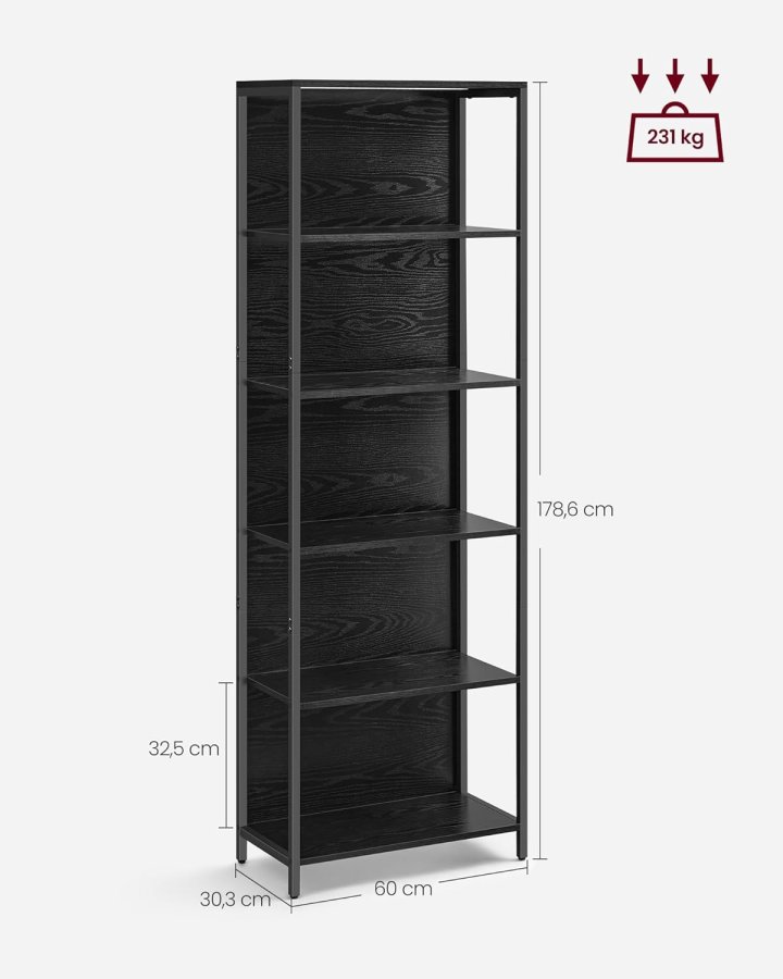 VASAGLE 6-etagers bogreol med justerbar LED-belysning, hylde med st�lramme, 30,3 x 60 x 178,6 cm, til stue, sovev�relse, arbejdsv�relse ibenholt sort LLS120B57