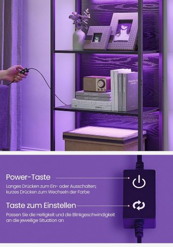 VASAGLE 6-etagers bogreol med justerbar LED-belysning, hylde med st�lramme, 30,3 x 60 x 178,6 cm, til stue, sovev�relse, arbejdsv�relse ibenholt sort LLS120B57