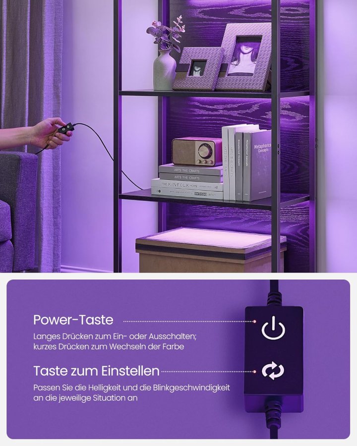 VASAGLE 6-etagers bogreol med justerbar LED-belysning, hylde med st�lramme, 30,3 x 60 x 178,6 cm, til stue, sovev�relse, arbejdsv�relse ibenholt sort LLS120B57