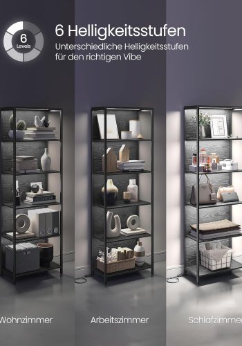 VASAGLE 6-etagers bogreol med justerbar LED-belysning, hylde med st�lramme, 30,3 x 60 x 178,6 cm, til stue, sovev�relse, arbejdsv�relse ibenholt sort LLS120B57