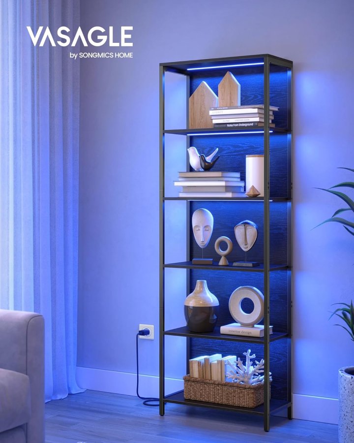 VASAGLE 6-etagers bogreol med justerbar LED-belysning, hylde med st�lramme, 30,3 x 60 x 178,6 cm, til stue, sovev�relse, arbejdsv�relse ibenholt sort LLS120B57