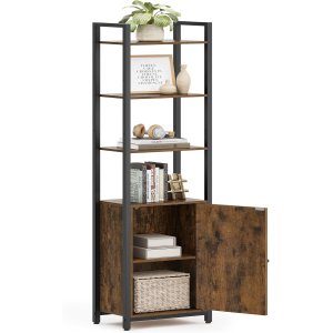VASAGLE 6-etagers reol, h�j bogreol med d�r, metalramme, justerbare hylder, 24 x 40 x 159,5 cm, stue/sovev�relse, rustik brun og bl�ksort LLS132K01