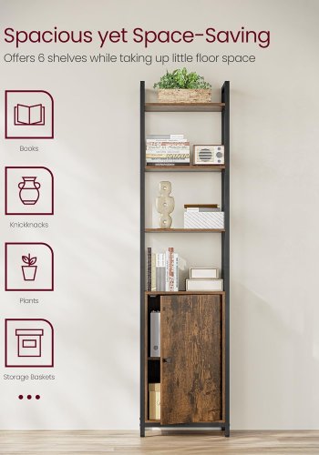 VASAGLE 6-etagers reol, h�j bogreol med d�r, metalramme, justerbare hylder, 24 x 40 x 159,5 cm, stue/sovev�relse, rustik brun og bl�ksort LLS132K01