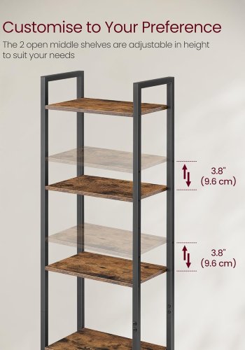 VASAGLE 6-etagers reol, h�j bogreol med d�r, metalramme, justerbare hylder, 24 x 40 x 159,5 cm, stue/sovev�relse, rustik brun og bl�ksort LLS132K01