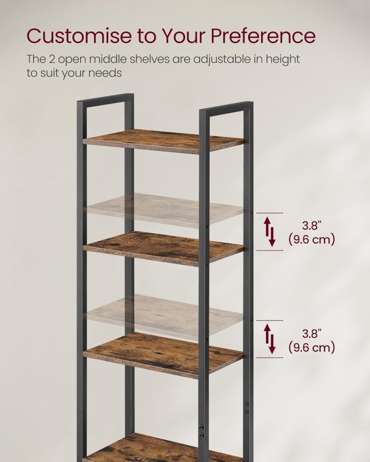 VASAGLE 6-etagers reol, h�j bogreol med d�r, metalramme, justerbare hylder, 24 x 40 x 159,5 cm, stue/sovev�relse, rustik brun og bl�ksort LLS132K01