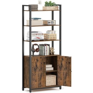 VASAGLE 6-etagers reol, h�j bogreol med d�r, metalramme, justerbare hylder, 24 x 60 x 159,5 cm, stue/sovev�relse, rustik brun og bl�ksort LLS133K01