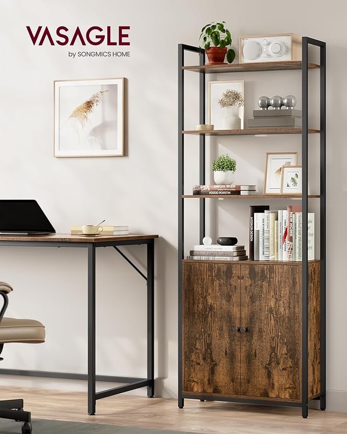 VASAGLE Bokhylla med 6 v�ningar, h&ouml;g bokhylla med d&ouml;rr, metallram, justerbara hyllplan, 24 x 60 x 159,5 cm, vardagsrum/sovrum, rustik brun och bl&auml;cksvart LLS133K01