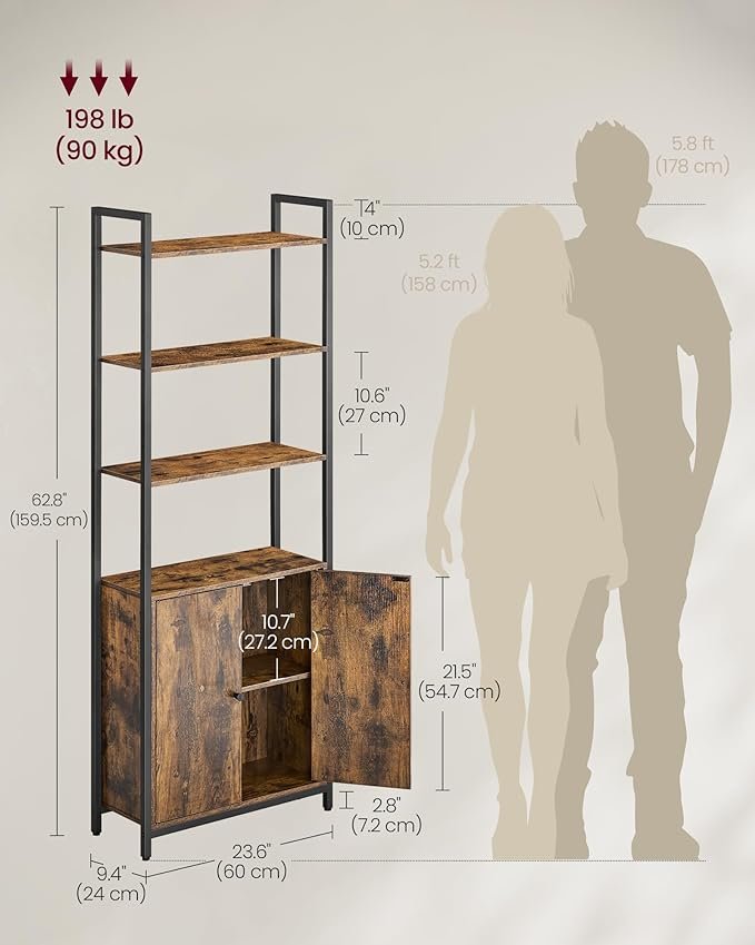 VASAGLE Bokhylla med 6 v�ningar, h&ouml;g bokhylla med d&ouml;rr, metallram, justerbara hyllplan, 24 x 60 x 159,5 cm, vardagsrum/sovrum, rustik brun och bl&auml;cksvart LLS133K01