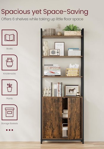 VASAGLE Bokhylla med 6 v�ningar, h&ouml;g bokhylla med d&ouml;rr, metallram, justerbara hyllplan, 24 x 60 x 159,5 cm, vardagsrum/sovrum, rustik brun och bl&auml;cksvart LLS133K01