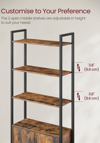 VASAGLE Bokhylla med 6 v�ningar, h&ouml;g bokhylla med d&ouml;rr, metallram, justerbara hyllplan, 24 x 60 x 159,5 cm, vardagsrum/sovrum, rustik brun och bl&auml;cksvart LLS133K01