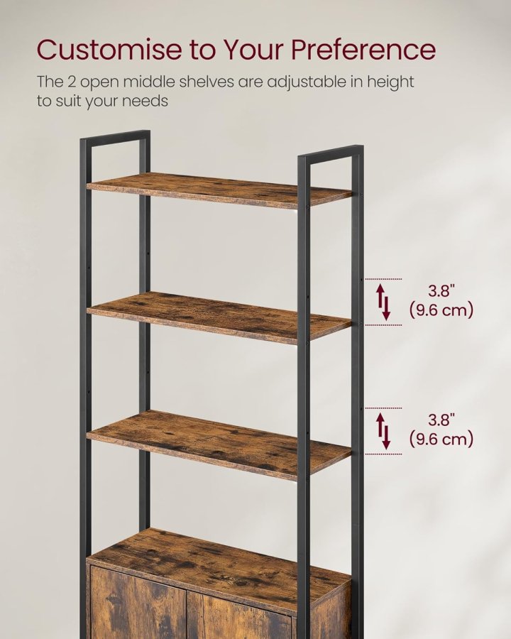 VASAGLE Bokhylla med 6 v�ningar, h&ouml;g bokhylla med d&ouml;rr, metallram, justerbara hyllplan, 24 x 60 x 159,5 cm, vardagsrum/sovrum, rustik brun och bl&auml;cksvart LLS133K01
