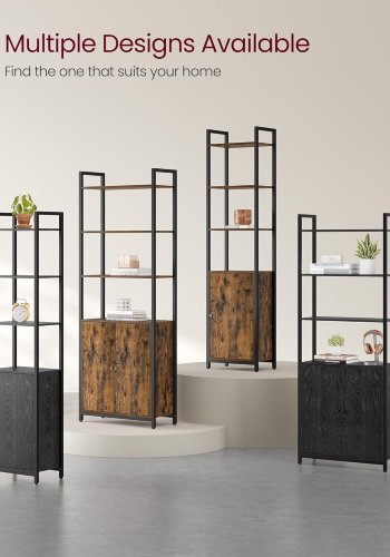 VASAGLE Bokhylla med 6 v�ningar, h&ouml;g bokhylla med d&ouml;rr, metallram, justerbara hyllplan, 24 x 60 x 159,5 cm, vardagsrum/sovrum, rustik brun och bl&auml;cksvart LLS133K01