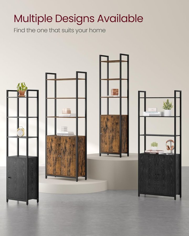 VASAGLE Bokhylla med 6 v�ningar, h&ouml;g bokhylla med d&ouml;rr, metallram, justerbara hyllplan, 24 x 60 x 159,5 cm, vardagsrum/sovrum, rustik brun och bl&auml;cksvart LLS133K01