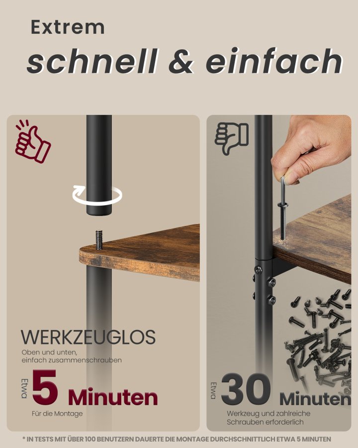 VASAGLE Superhurtig v�rkt�jsfri montering, 6-etagers opbevaringshylde, st�ende reol, 38 x 23,8 x 173,4 cm, stue, sovev�relse, k�kken, rustik brun og bl�ksort LLS136K01