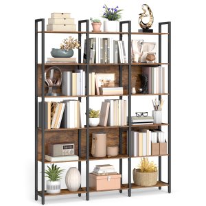 VASAGLE 6-etagers bogreol, industriel bogreol, med st�lramme, til stue, hjemmekontor, sovev�relse, 24 x 128 x 187,1 cm, rustik brun og bl�ksort ULLS151K01