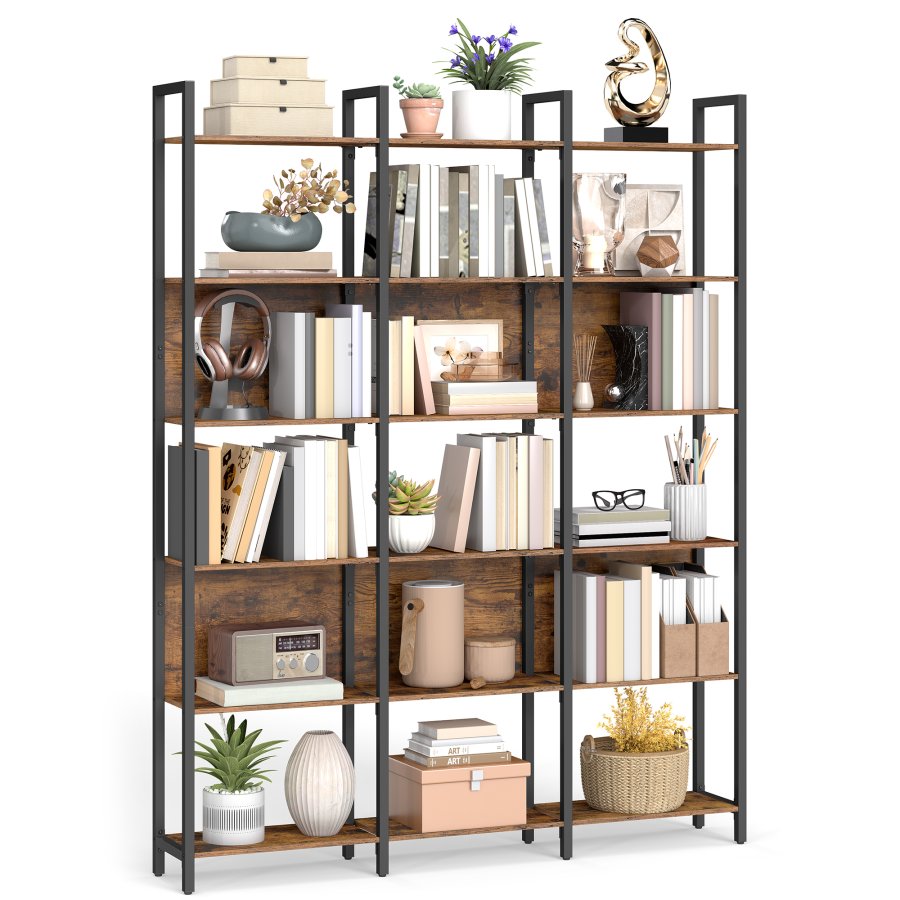 VASAGLE Bokhylla med 6 v�ningar, industriell bokhylla, med st�lram, f&ouml;r vardagsrum, hemmakontor, sovrum, 24 x 128 x 187,1 cm, rustik brun och bl&auml;cksvart ULLS151K01