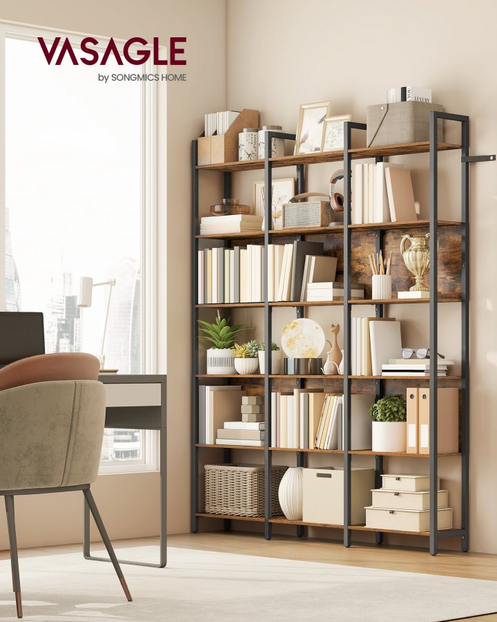 VASAGLE Bokhylla med 6 v�ningar, industriell bokhylla, med st�lram, f&ouml;r vardagsrum, hemmakontor, sovrum, 24 x 128 x 187,1 cm, rustik brun och bl&auml;cksvart ULLS151K01