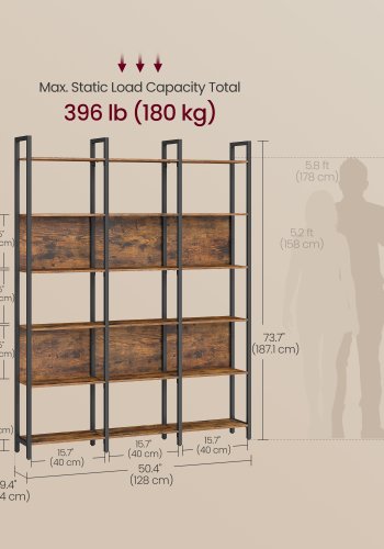 VASAGLE Bokhylla med 6 v�ningar, industriell bokhylla, med st�lram, f&ouml;r vardagsrum, hemmakontor, sovrum, 24 x 128 x 187,1 cm, rustik brun och bl&auml;cksvart ULLS151K01