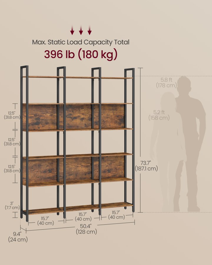 VASAGLE Bokhylla med 6 v�ningar, industriell bokhylla, med st�lram, f&ouml;r vardagsrum, hemmakontor, sovrum, 24 x 128 x 187,1 cm, rustik brun och bl&auml;cksvart ULLS151K01