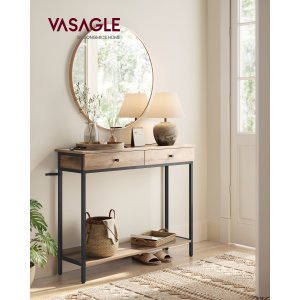 VASAGLE LNT015W01 Konsolbord, Entrebord, Sidebord, Sofabord med 2 skuffer, St�lstel, Entre, Stue, Industrielt design, Kamelbrun bl�ksort