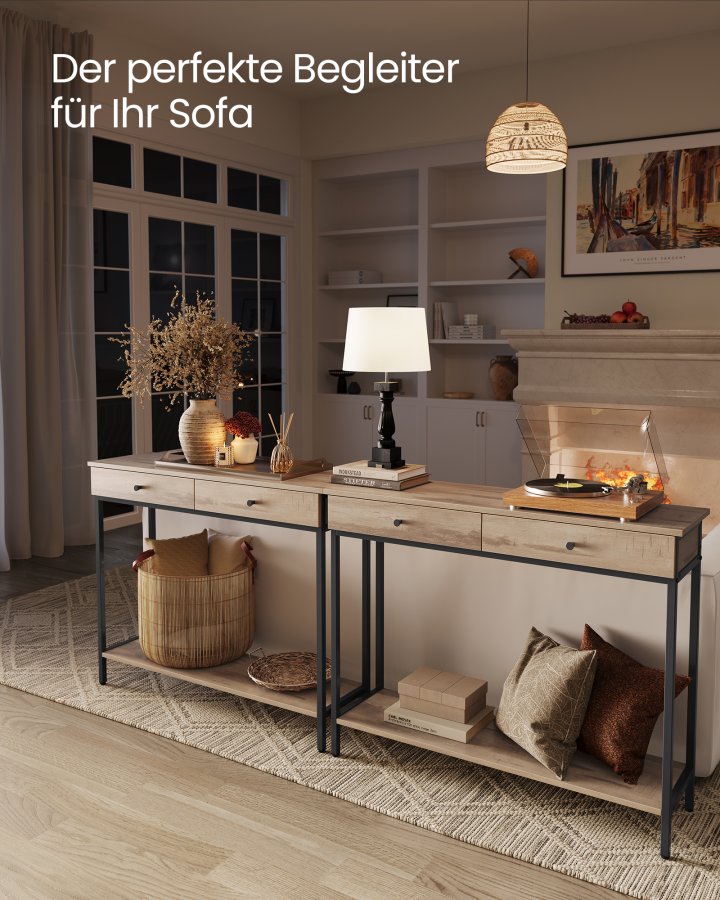 VASAGLE LNT015W01 Konsolentisch, Flurtisch, Beistelltisch, Couchtisch mit 2 Schubladen, Stahlgestell, Flur, Wohnzimmer, Industriedesign, Kamelbraun/Tintenschwarz