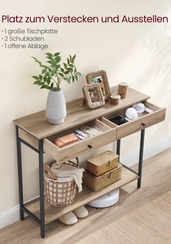 VASAGLE LNT015W01 Konsolentisch, Flurtisch, Beistelltisch, Couchtisch mit 2 Schubladen, Stahlgestell, Flur, Wohnzimmer, Industriedesign, Kamelbraun/Tintenschwarz