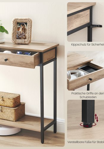 VASAGLE LNT015W01 Konsolentisch, Flurtisch, Beistelltisch, Couchtisch mit 2 Schubladen, Stahlgestell, Flur, Wohnzimmer, Industriedesign, Kamelbraun/Tintenschwarz