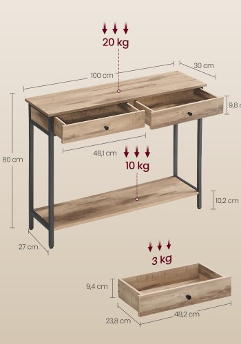 VASAGLE LNT015W01 Konsolentisch, Flurtisch, Beistelltisch, Couchtisch mit 2 Schubladen, Stahlgestell, Flur, Wohnzimmer, Industriedesign, Kamelbraun/Tintenschwarz