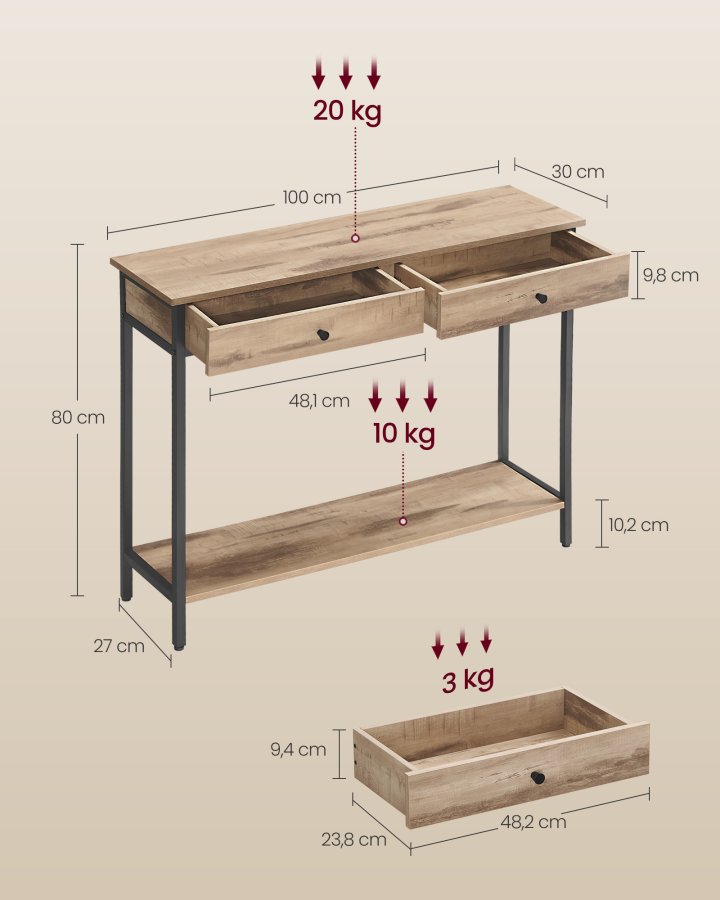 VASAGLE LNT015W01 Konsolentisch, Flurtisch, Beistelltisch, Couchtisch mit 2 Schubladen, Stahlgestell, Flur, Wohnzimmer, Industriedesign, Kamelbraun/Tintenschwarz