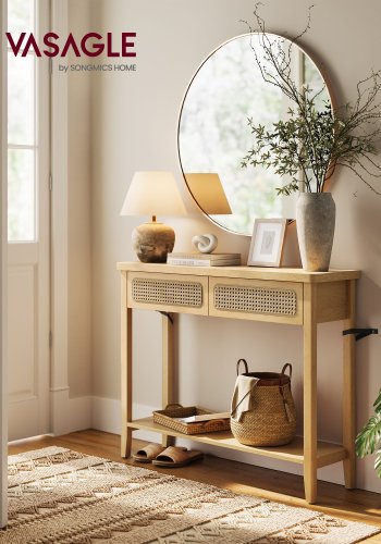 VASAGLE Konsollbord for gangen, Slankt salongbord for stue, Gangbord med 2 skuffer, �pen hylle, Avrundede hj�rner, Bohemsk stil, Eikebeige LNT016Y57