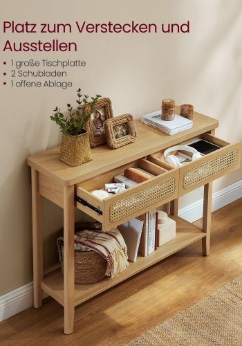 VASAGLE Konsollbord for gangen, Slankt salongbord for stue, Gangbord med 2 skuffer, �pen hylle, Avrundede hj�rner, Bohemsk stil, Eikebeige LNT016Y57
