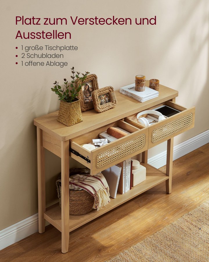 VASAGLE Konsollbord for gangen, Slankt salongbord for stue, Gangbord med 2 skuffer, �pen hylle, Avrundede hj�rner, Bohemsk stil, Eikebeige LNT016Y57