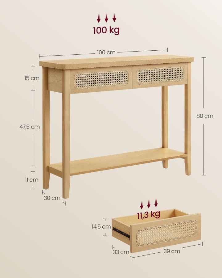 VASAGLE Konsollbord for gangen, Slankt salongbord for stue, Gangbord med 2 skuffer, �pen hylle, Avrundede hj�rner, Bohemsk stil, Eikebeige LNT016Y57